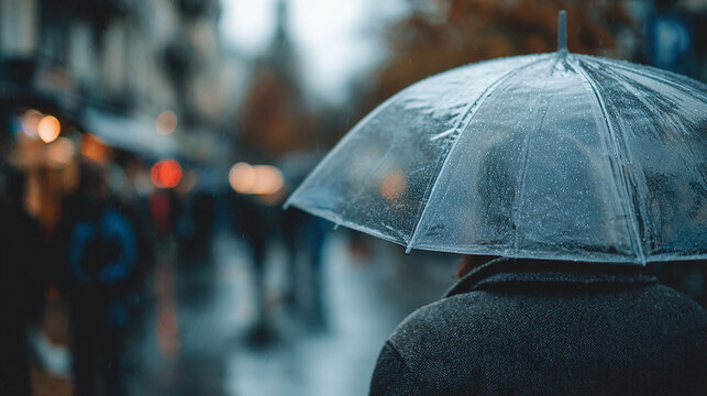 透明な傘越しににじむ人混みと、雨に濡れる都会の憂い