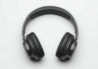 Fototapeta premium Overhead view of a pair of gray and black wireless headphones on a white background, showing the earcups and headband.