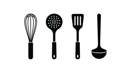 Essential kitchen utensils silhouette set whisk slotted spoon spatula ladle for culinary preparation vector