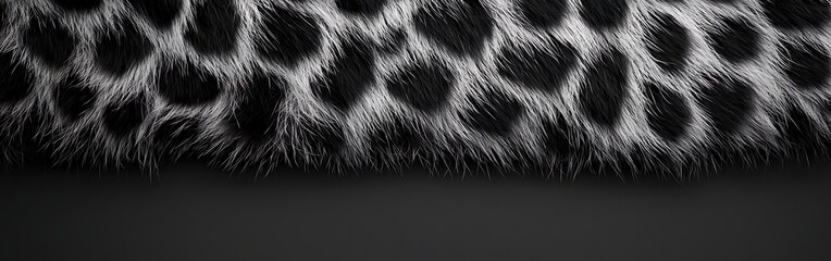 A close-up view of a black and white leopard print fur texture, showcasing its distinctive spots and soft appearance against a dark background.