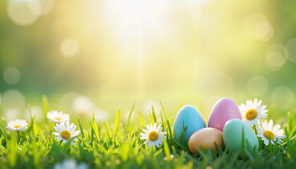 Colorful Easter eggs nestled in grass with daisies in sunlight  