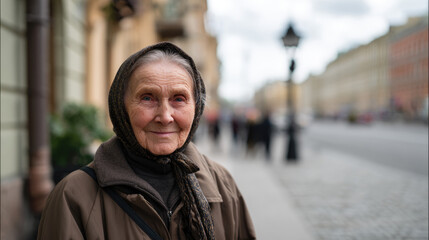 A single elderly person depicted waist-up, walking along a cobblestone street in historic Saint Petersburg or Moscow. Wearing classic, modest clothing with a gentle smile