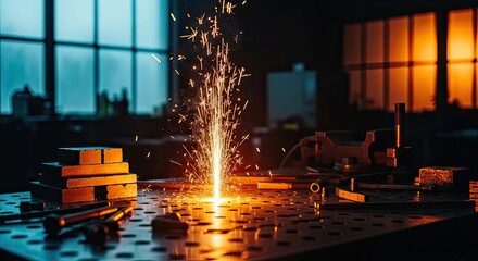 Dynamic sparks erupting from welding torch on metal surface, showcasing industrial craftsmanship and precision