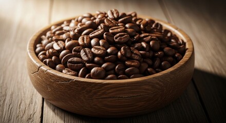 Coffee beans fill a rustic wooden bowl, set on aged wood