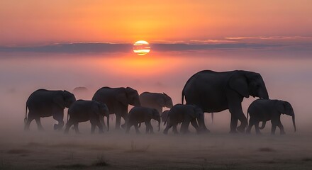 Fototapeta premium A stunning silhouette of an elephant herd walking across the African savanna at sunrise.