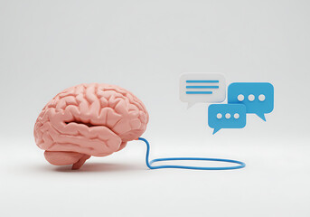 A pink brain model connected by a blue cable to several blue speech bubbles, representing communication, thought, and idea exchange.