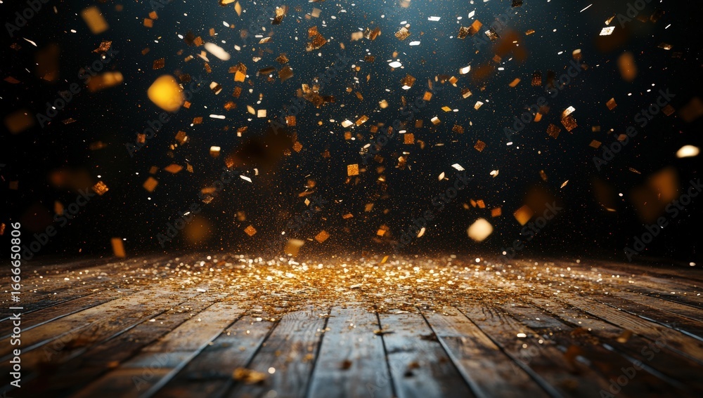 Aufkleber a mesmerizing display of floating golden particles scattered above a wooden floor, creating a festiv