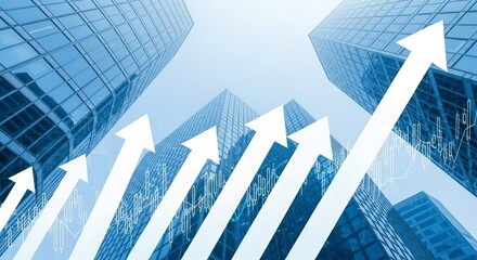 Lowangle view of modern skyscrapers with upward pointing arrows and financial charts superimposed, representing economic growth and business success in a city