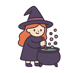 Coloring book page featuring cute witch stirring cauldron with transparency effect