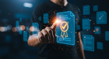 Person interacting with a digital document, highlighting quality assurance and certification.