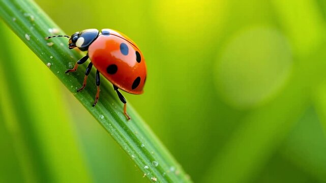 Tiny ladybug with black spots crawls on a vibrant green blade of grass in a sunny meadow.