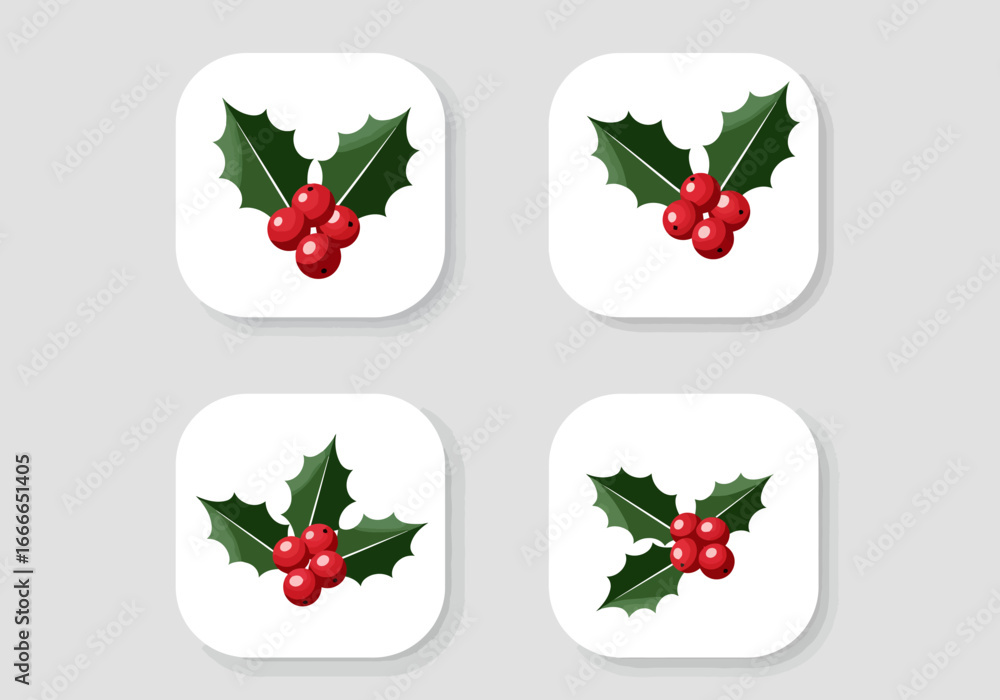 Poster a light grey background features four holly berry icons in a square format each displaying a holly l