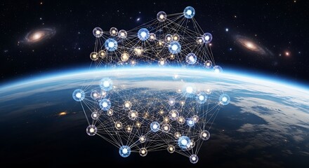 Abstract representation of a digital network creating a global connection across the Earth and into space, symbolizing technology, data, and communication