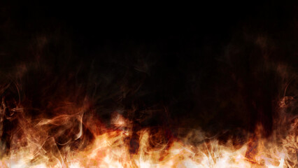 Orange flame and smoke rising against a dark background. Abstract fire background