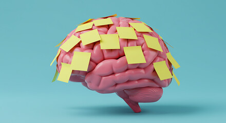 Pink brain model covered in yellow sticky notes, representing overwhelming tasks or information overload.
