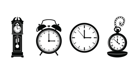 Collection of four different clock types including grandfather alarm pocket and wall clocks on white vector