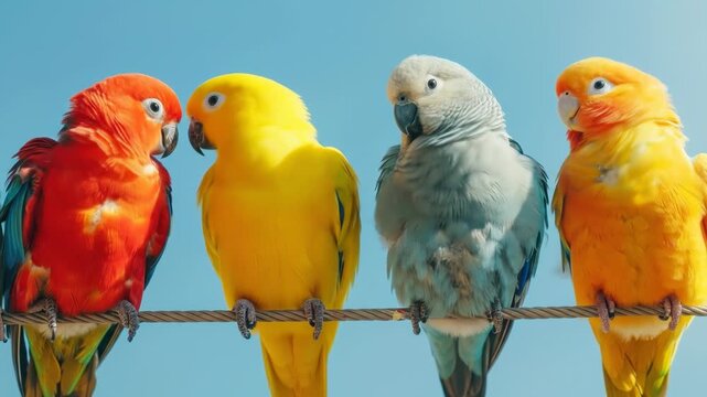 Four bright parrots in a row, with red, yellow, blue, and orange plumage, perched on a wire