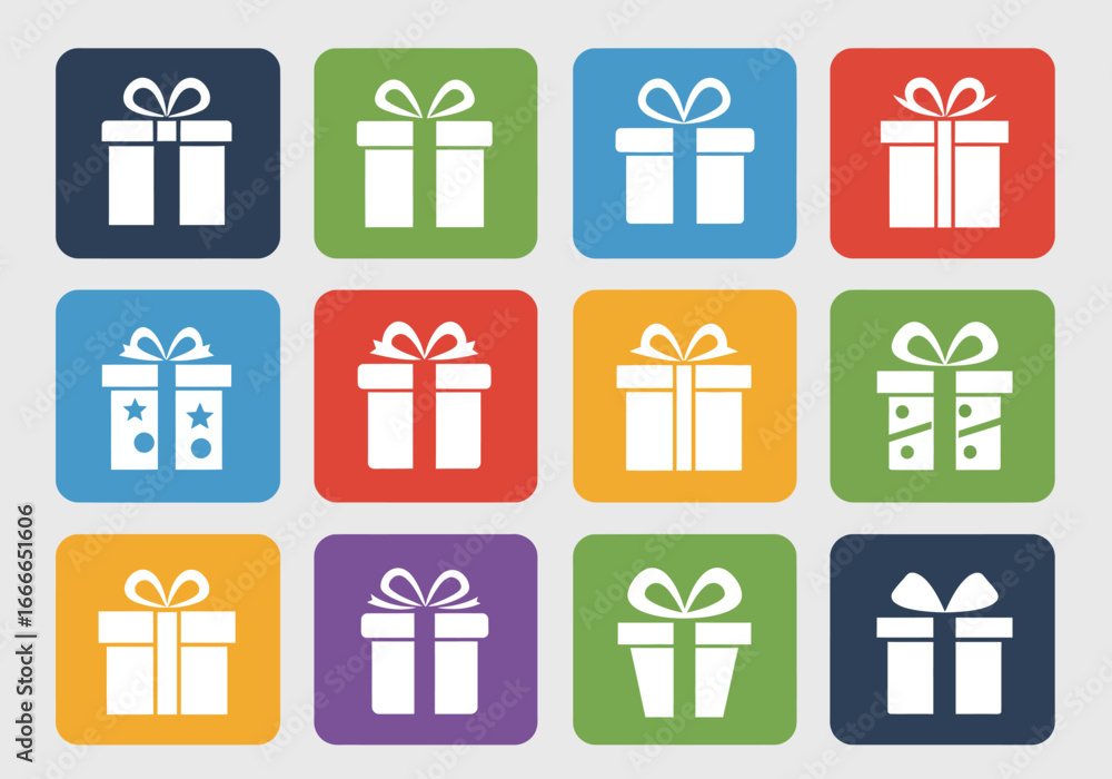 Poster an array of twelve colorful square icons each depicting a white gift box with a ribbon