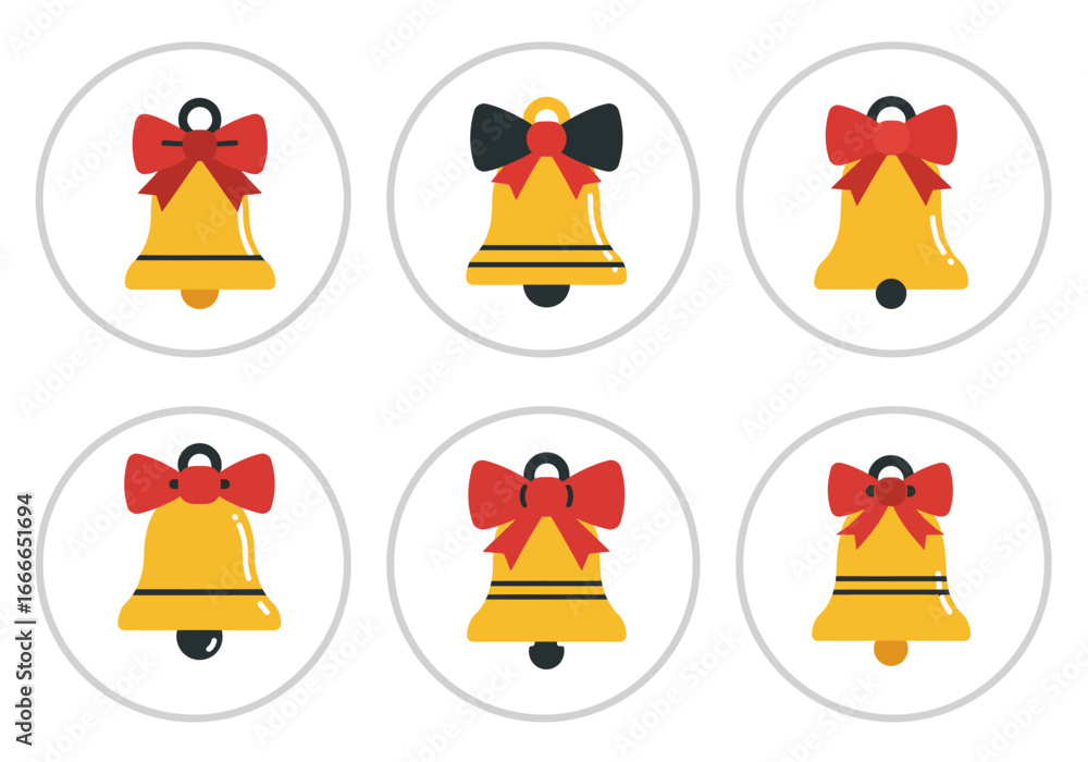 Poster array of cartoon bells in white circles each topped with either a red or black bow and varying detai