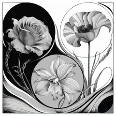 A stunning art illustration showcasing three individual flowers 