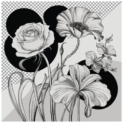 A stunning art illustration showcasing three individual flowers 
