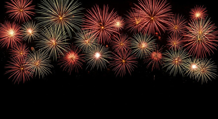 A beautiful border of red and golden fireworks explodes across the top of the frame a perfect festive overlay or background for a New Year's celebration banner