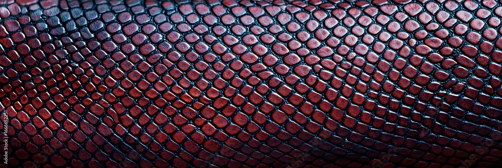 Poster a close-up view of exotic textured skin, showcasing intricate patterns in deep red and black hues.