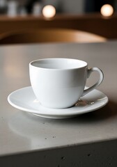 Fototapeta premium Empty white coffee cup and saucer on a light gray surface