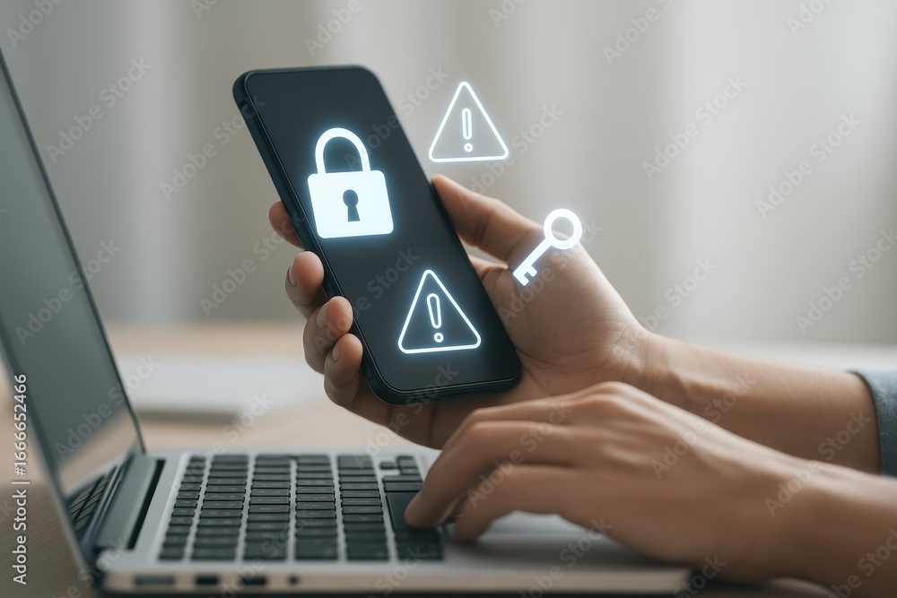Poster digital security lock: a person's hands, illuminated with a soft glow, are intently focused on the d