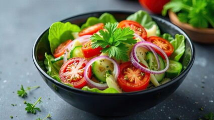 Refreshing garden vegetable salad in a dark bowl with sliced tomatoes, cucumbers, and red onion rings