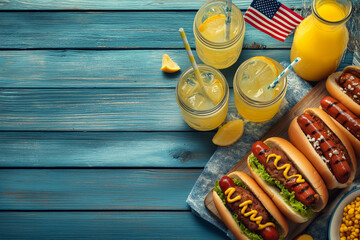 Flat lay of grilled burgers hot dogs and lemonade summer barbecue feast with small American flag, Labor Day concept