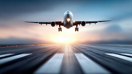 Fototapeta premium A dynamic image of a commercial airplane approaching for landing on a runway, illuminated by a colorful sunset in the background.