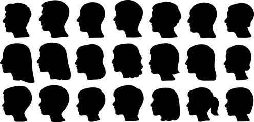 Collection of black silhouettes of human side profiles including men, women, and children. Minimalist head shapes for avatars, icons, and design use