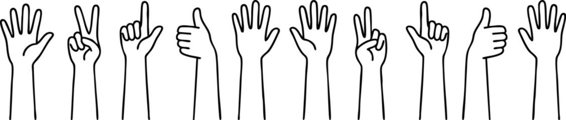 Minimalist line art illustration of hands showing different gestures including peace, thumbs up, pointing, and open palm. Perfect for design projects