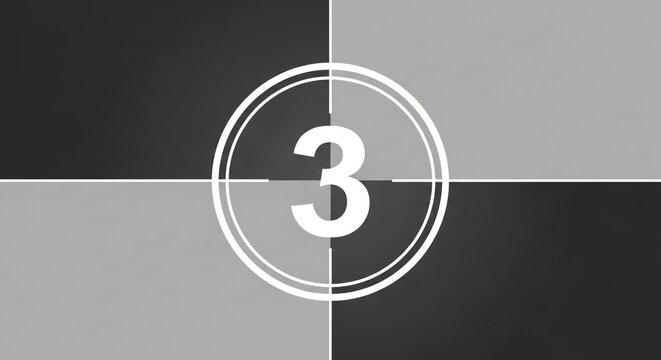 A classic black and white film countdown leader showing the number three on a quadrant background a perfect vintage graphic for a retro-themed event or video intro