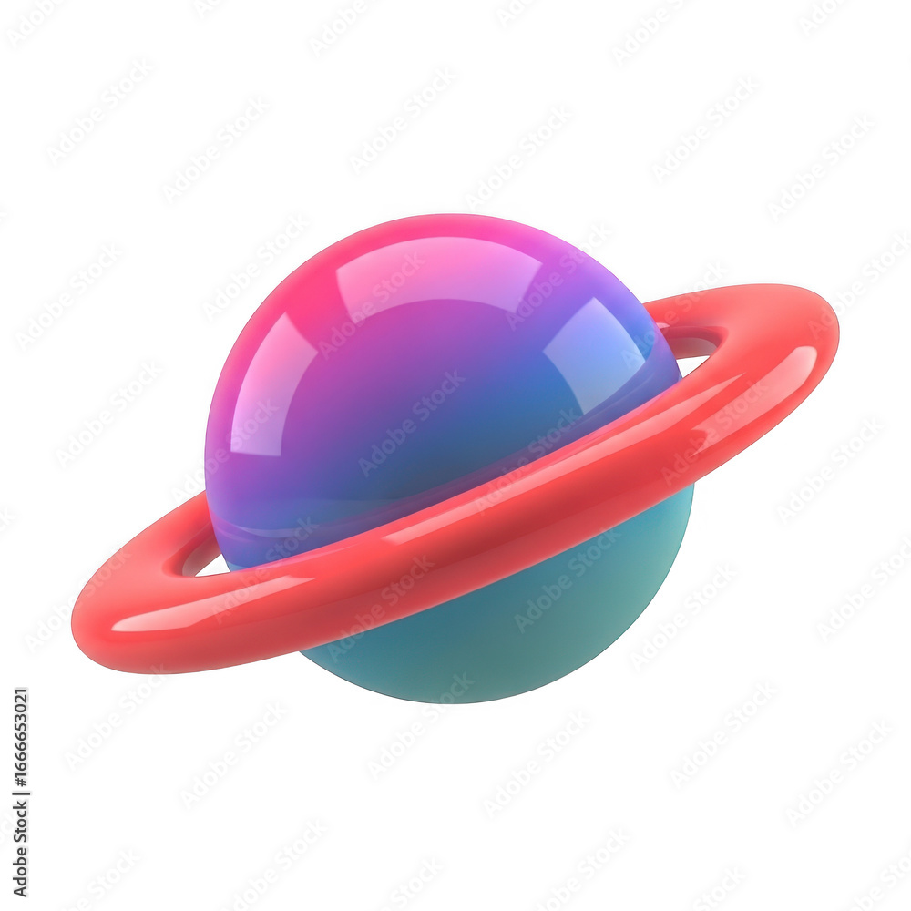 Poster iridescent 3d planet with ring isolated on transparent background