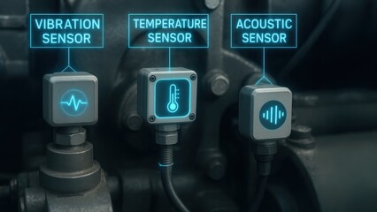 The ar visualization of industrial sensors on heavy machinery with overlays showing vibration, temperature, and acoustic data for industrial predictive maintenance