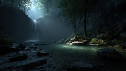 Waterfall cascading into a tranquil forest pool.