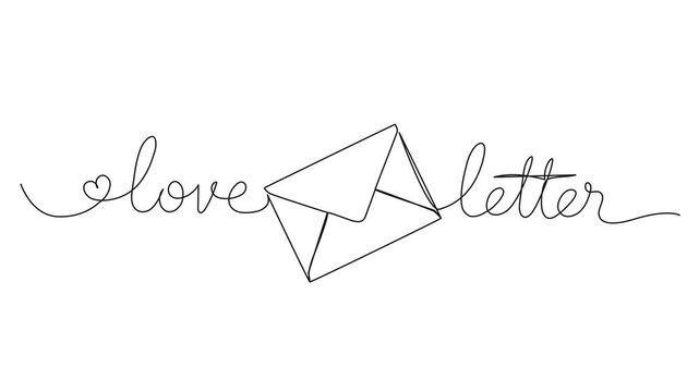animated continuous single line drawing of handwritten words LOVE LETTER and envelope, line art animation