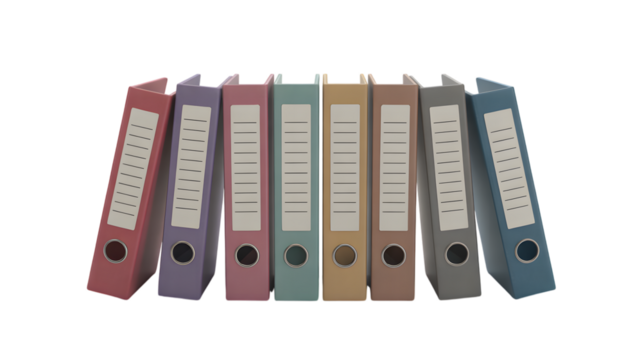 Row of colorful office ring binders standing upright transparent background Png