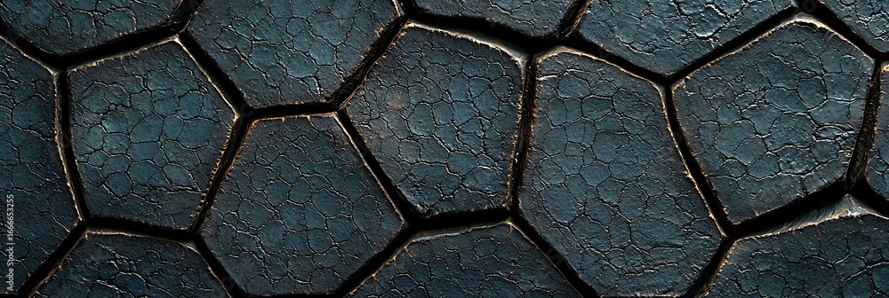 Poster a close-up view of textured hexagonal patterns, showcasing a dark, cracked surface with a striking g