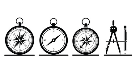 Vintage compasses and drafting tool collection for navigation and exploration studies vector