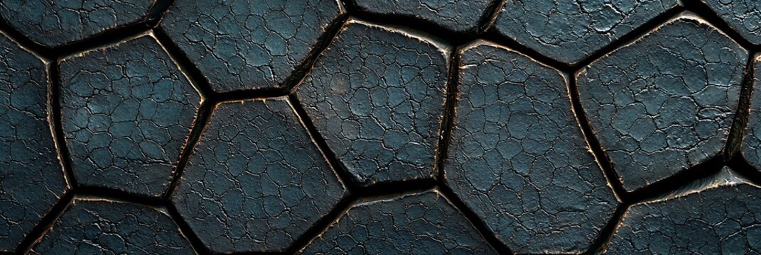 A close-up view of textured hexagonal patterns, showcasing a dark, cracked surface with a striking geometric design.