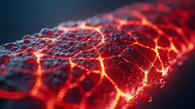 Close-up of glowing lava flow with textured surface and bright fissures.