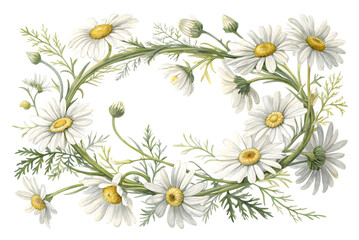 Fototapeta premium Watercolor daisy frame with white flowers isolated on transparent background. Chamomile flowers wreath PNG.