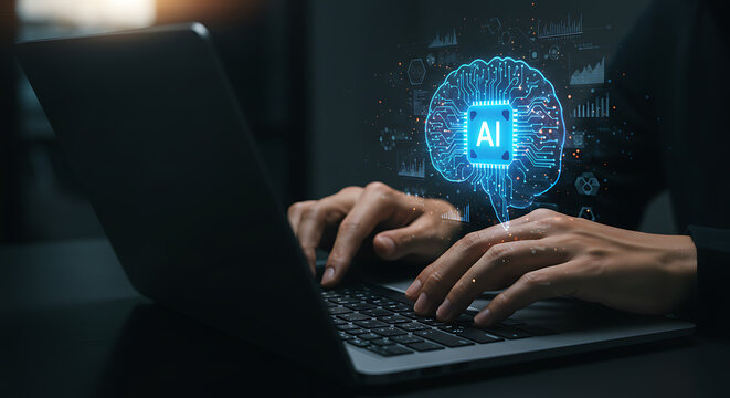 Close-up of hands typing on a laptop, with an AI brain graphic overlaying the keyboard.