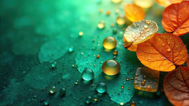 Autumnal Leaves and Dewdrops on a Teal Surface A Close-Up Macro Image