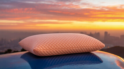 Dreamy peach pillow rests on reflective surface with vibrant sunset sky and city skyline backdrop