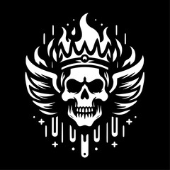 Obraz premium Black and white vector skull with crown and fire, bold gothic logo style and tattoo, high contrast minimal design