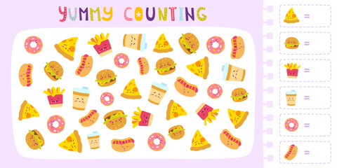 Kids counting mini game with fast food. Kawaii fast food game for children.